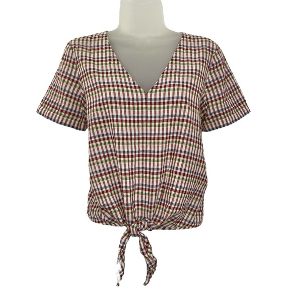Madewell Multicolored Plaid Print Gingham Tie Front Short Sleeve Shirt Sm Women - Picture 1 of 10